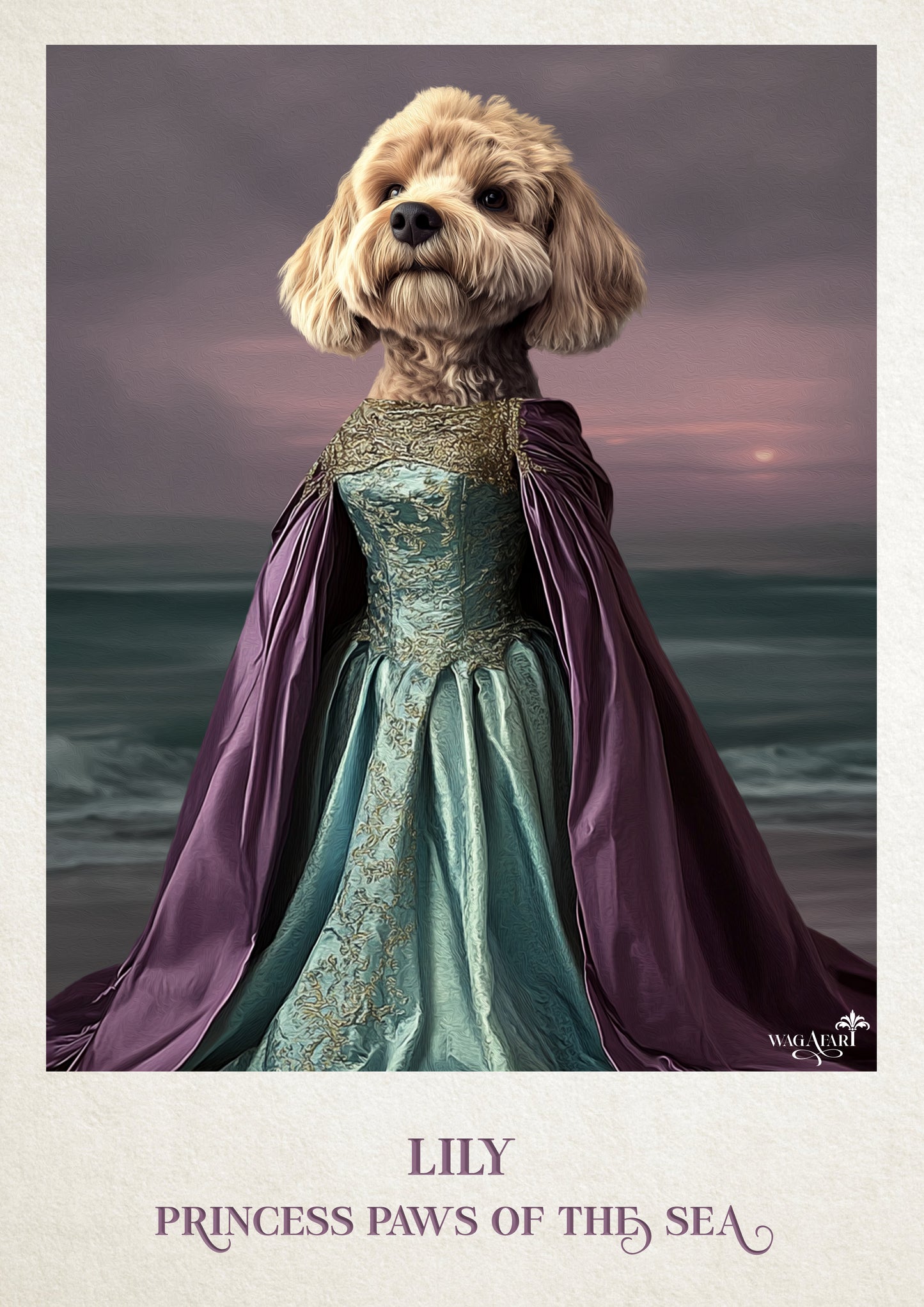 Vintage Poster Style Custom Dog Portrait - Princess Paws of the Sea (with Text)