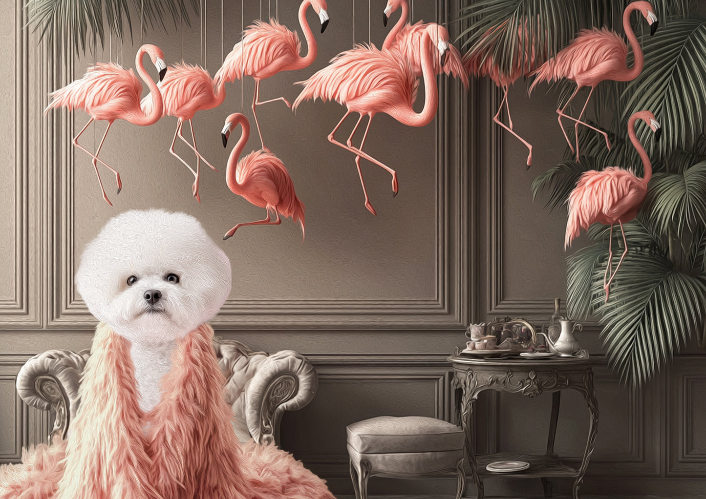 'Floating Flamingos' - Bichon Frise Dog Art Print - Digital Download